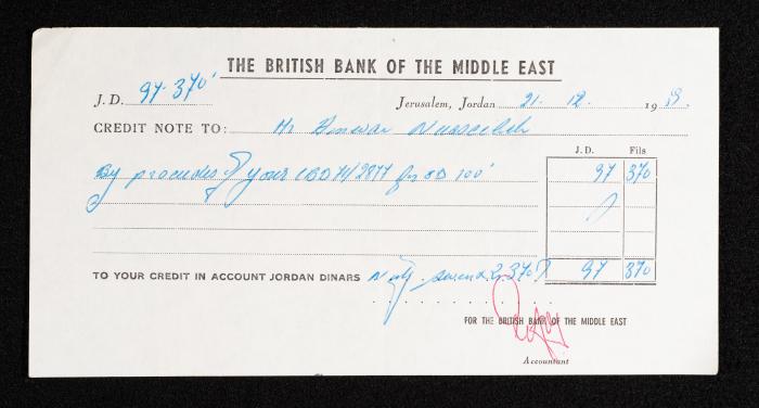 A Credit Note, Issued by the British Bank of the Middle East to Anwar Nusseibeh, 21 December 