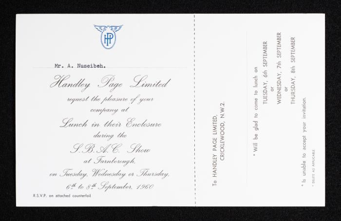 An Invitation Card, Issued by Handley Page Limited to Anwar Nusseibeh, 6-8 September 1960 