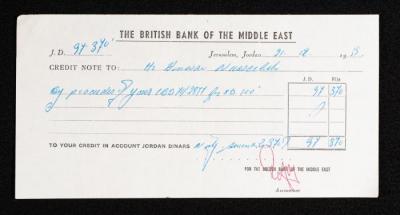 A Credit Note, Issued by the British Bank of the Middle East to Anwar Nusseibeh, 21 December 