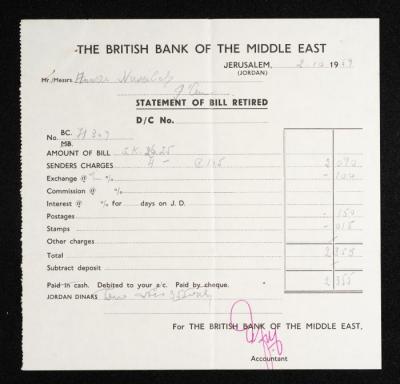 A Statement of Bill Retired, Issued by the British Bank of the Middle East to Anwar Nusseibeh, 2 October 1959 