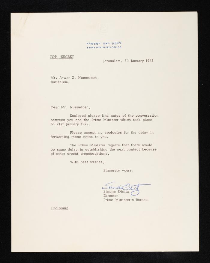 An Official Letter From the Office of the Israeli Prime Minister to Anwar Nusseibeh, Jerusalem, 30 January 1972 
