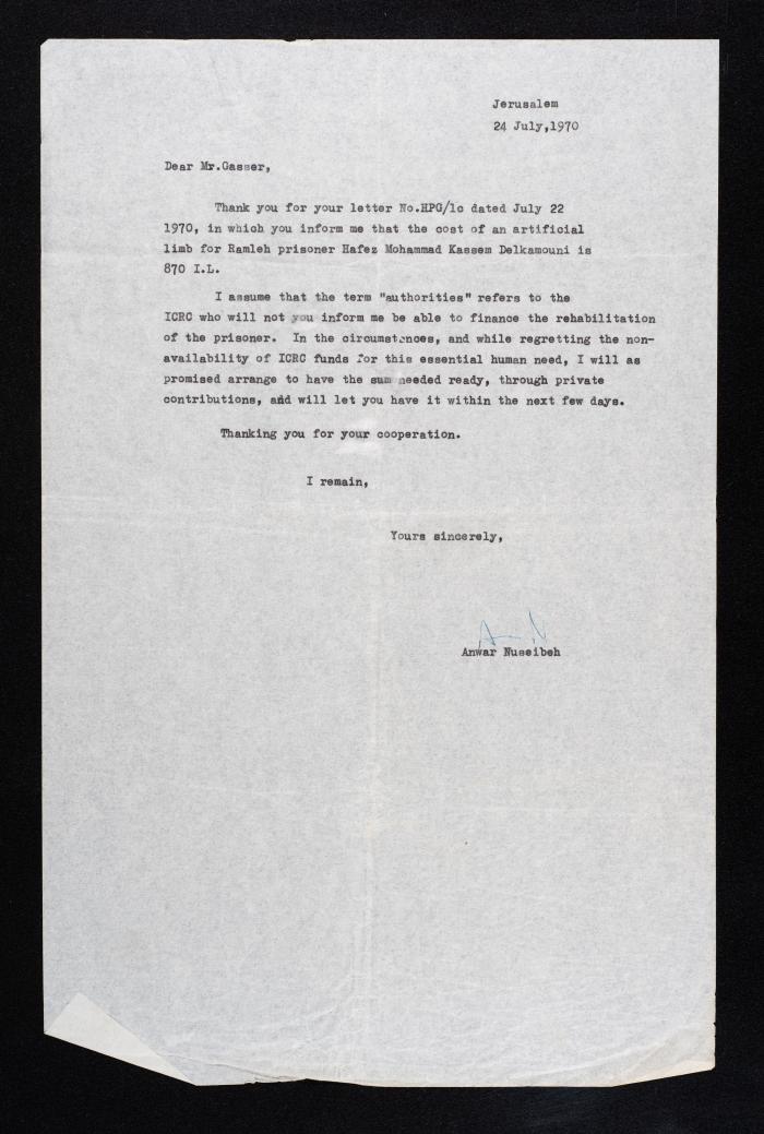 رسالة من أنور نسيبة إلى جاسر، 24 تموز 1970