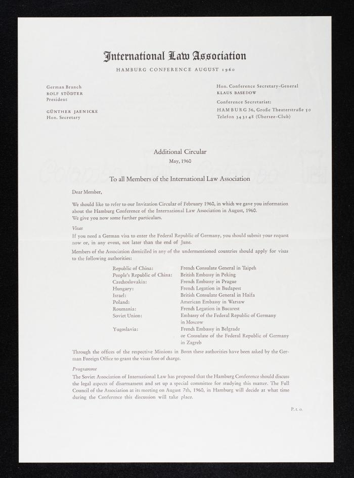 An Invitation from the International Law Association to Anwar Nseibeh, August 1960 