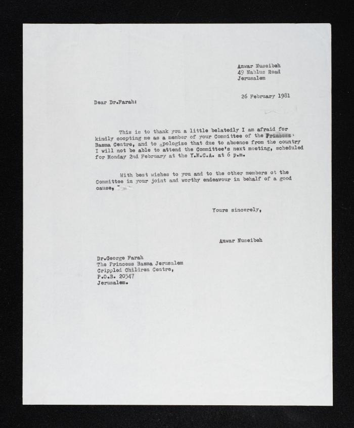 A Letter From Anwar Nusseibeh to Dr. George Farah of the Princess Basma Center, Jerusalem, 26 February 1981 