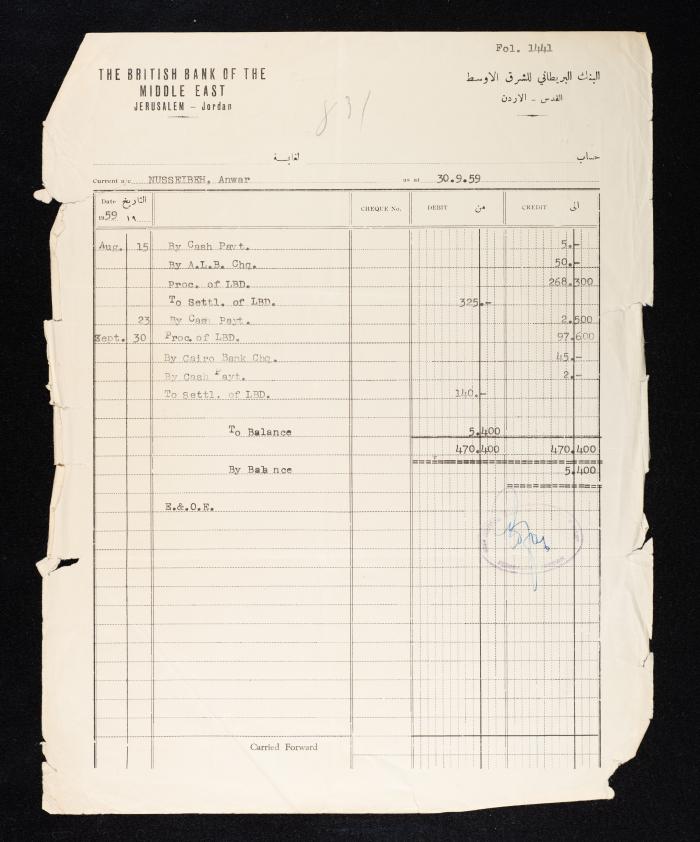 كشف حساب صادر عن البنك البريطاني للشرق الأوسط لأنور نسيبة، القدس-الأردن، 1959