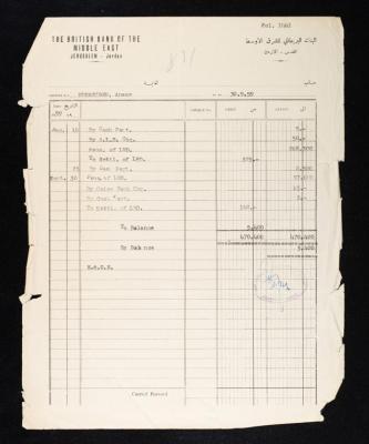 كشف حساب صادر عن البنك البريطاني للشرق الأوسط لأنور نسيبة، القدس-الأردن، 1959