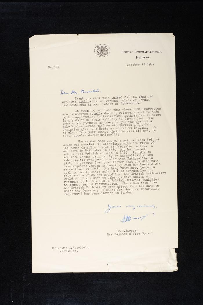 A letter From the British Consulate-General to Anwar Nusseibeh, Jerusalem, 29 October 1959