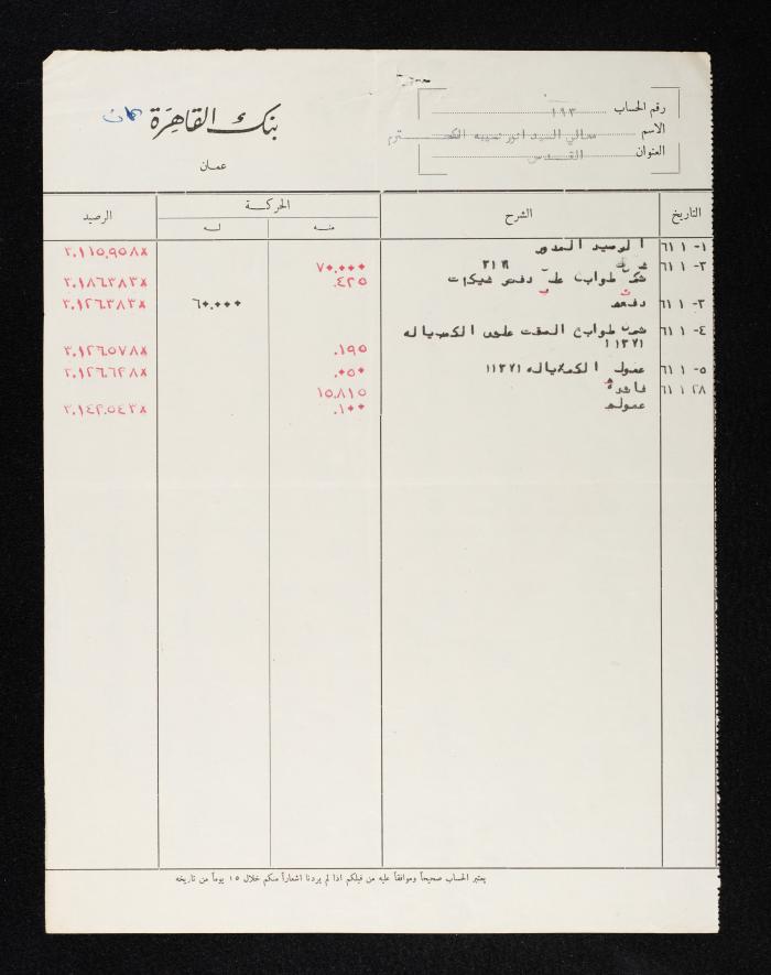 كتاب تأكيد حساب من بنك القاهرة الى أنور نسيبة، 7  شباط  1961