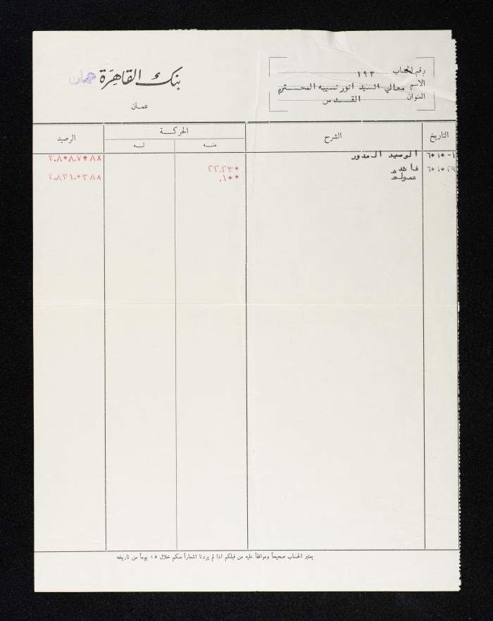 كتاب تأكيد حساب من بنك القاهرة الى أنور نسيبة، 2  تشرين الثاني 1960