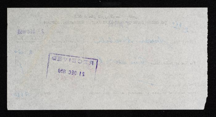 وصل دفع صادر عن البنك البريطاني للشرق الأوسط إلى أنور نسيبة، 21 كانون الأول 1959