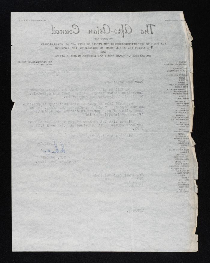 رسالة من السكرتاريا التنفيذية لاتحاد المجلس الأفرو-آسيوي إلى أنور نسيبة، 27 أيار 1960 