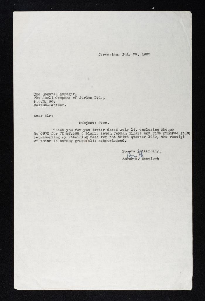 A Letter from Anwar Nusseibeh to the General Manager of the Shell Company of Jordan Ltd., 29 July 1960