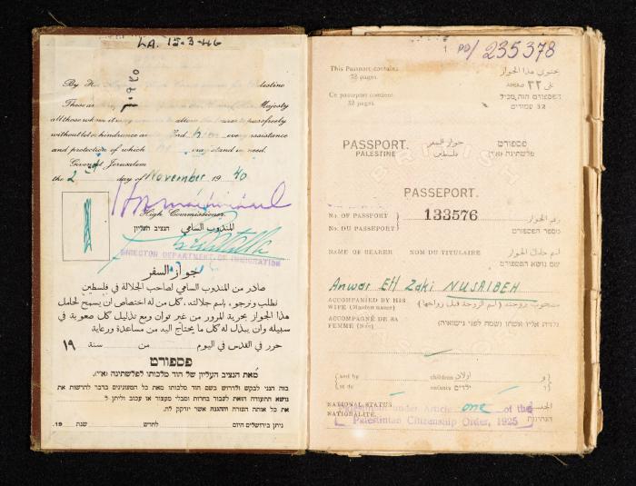 Anwar Nusseibeh's Passport, the Mandate Government of Palestine, 2 November 1940
