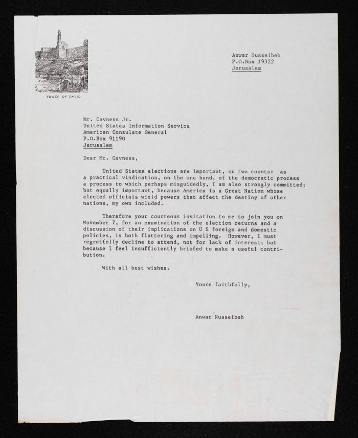 A Letter from Anwar Nusseibeh to Cavness Jr.