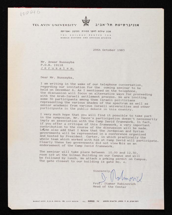 A Letter from Itamar Rabinovich to Anwar Nusseibeh, 29 October 1983