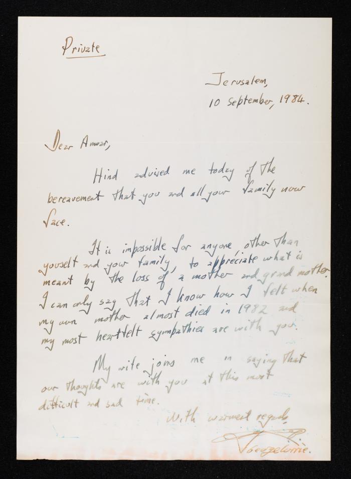 A Letter from George Lume to Anwar Nusseibeh, Jerusalem, 10 September 1984
