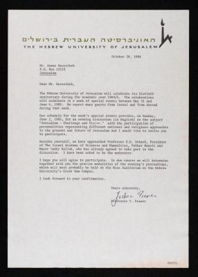 A Letter from Y. Prawer to Anwar Nusseibeh, 28 October 1984