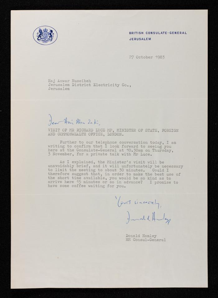 A Letter from British Consul General Donald Hamley to Anwar Nusseibeh, Jerusalem, 1983