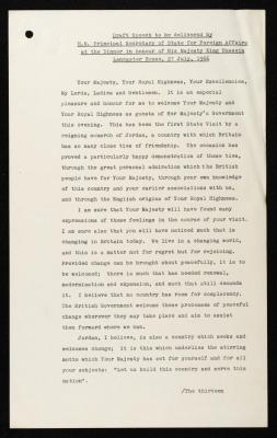 The Draft Speech of the Secretary General of the British Foreign Office in Honour of King Hussein, England, 1966