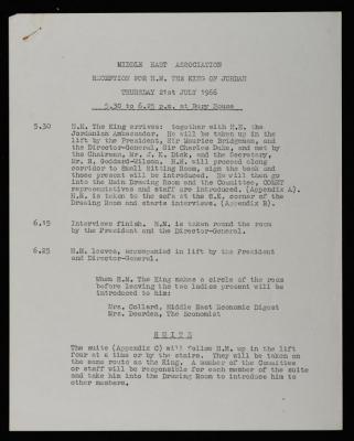 The Programme for the Reception of Hussein bin Talal in the UK by the Middle East Association, 1966