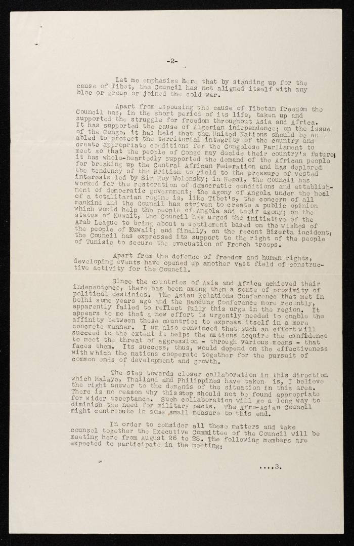 A Letter from the Honorary Secretary of the Afro-Asian Council to Anwar Nusseibeh, 9 August 1961