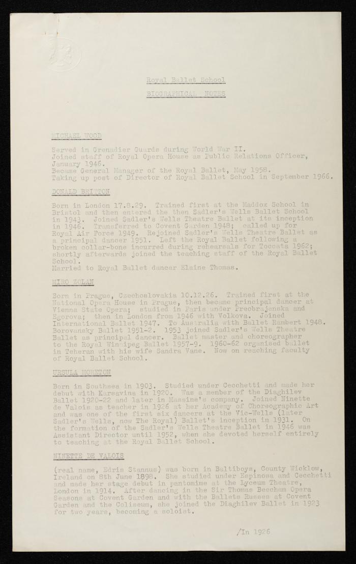 Notes on the Royal Ballet School, the UK