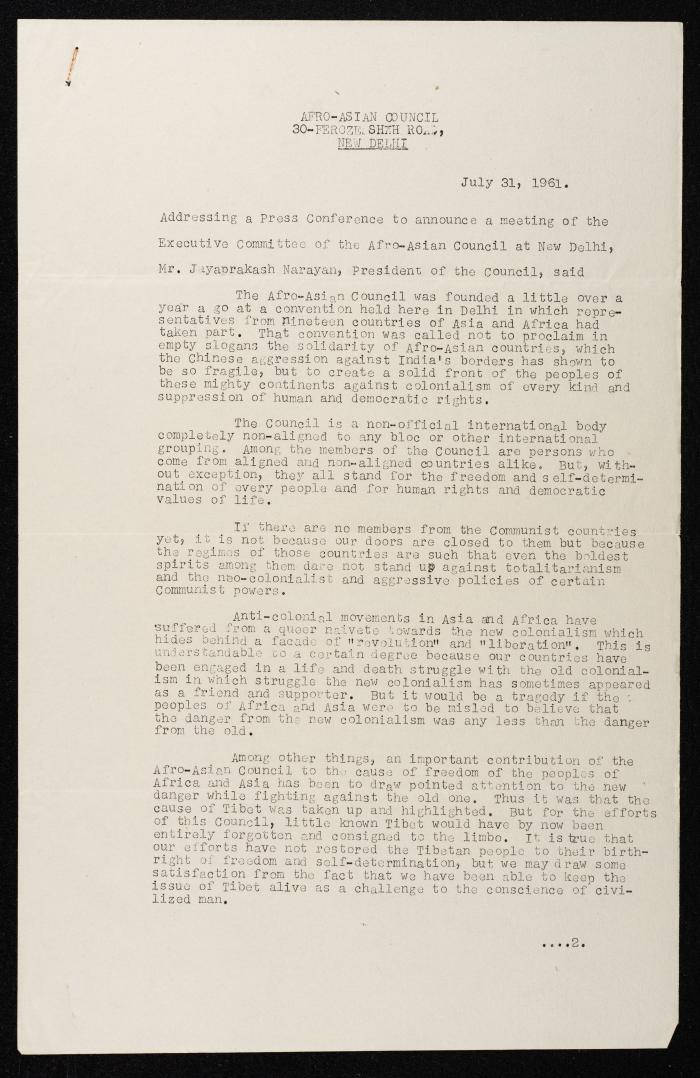 A Letter from the Honorary Secretary of the Afro-Asian Council to Anwar Nusseibeh, 9 August 1961