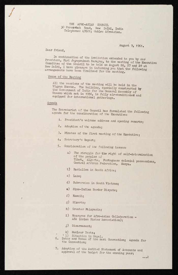 A Letter from the Honorary Secretary of the Afro-Asian Council to Anwar Nusseibeh, 9 August 1961