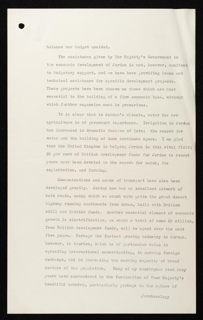 مسودة خطاب الأمين العام لوزارة الخارجية على شرف حضور الملك الحُسين، إنجلترا، 1966