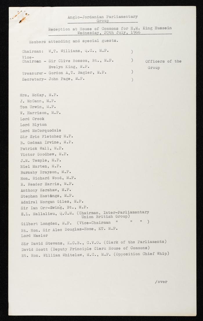 Members Attending the Reception of Hussein bin Talal in the UK, 20 July 1966