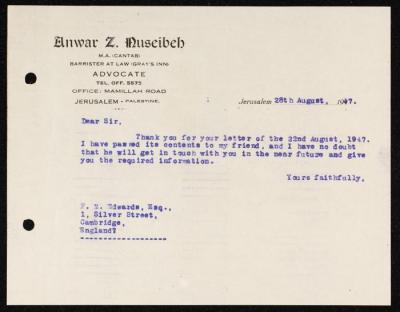 A Letter from Anwar Nusseibeh to Attorney F. M. Edwards, Jerusalem, 28 August 1947