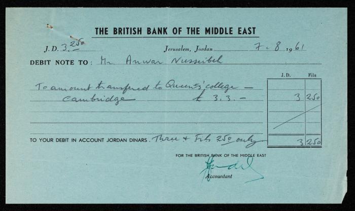 إشعار مدين صادر عن البنك البريطاني للشرق الأوسط باسم أنور نسيبة، القدس، 1961 