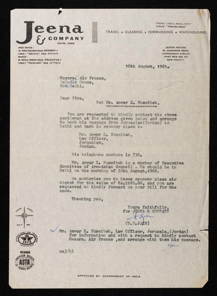 A Letter from Jeena Company to Air France, New Delhi, 10 August 1961