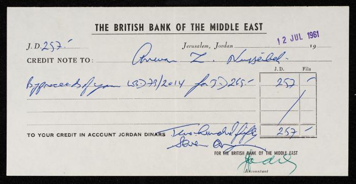 A Credit Note by the British Bank of the Middle East for Anwar Nusseibeh, Jerusalem, 1961