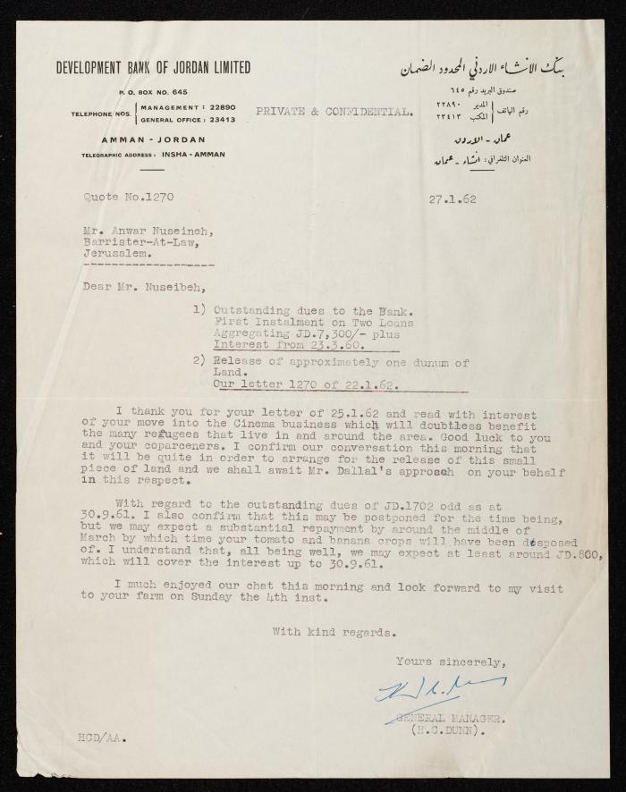 A Letter from the Development Bank of Jordan Ltd. to Anwar Nusseibeh, 27 January 1962