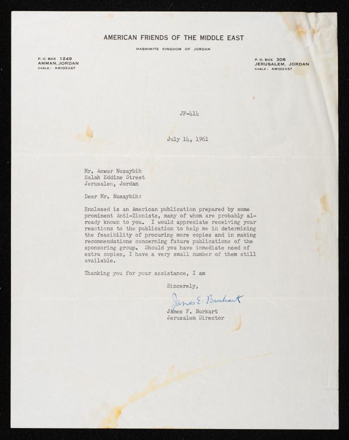 A Letter from the American Friends of the Middle East to Anwar Nusseibeh, 14 July 1961