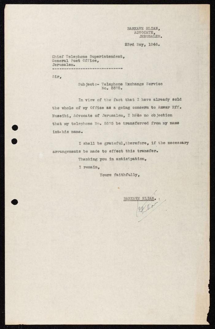 A Letter from Attorney Barkave Elian to the Jerusalem Post Office, 23 May 1946