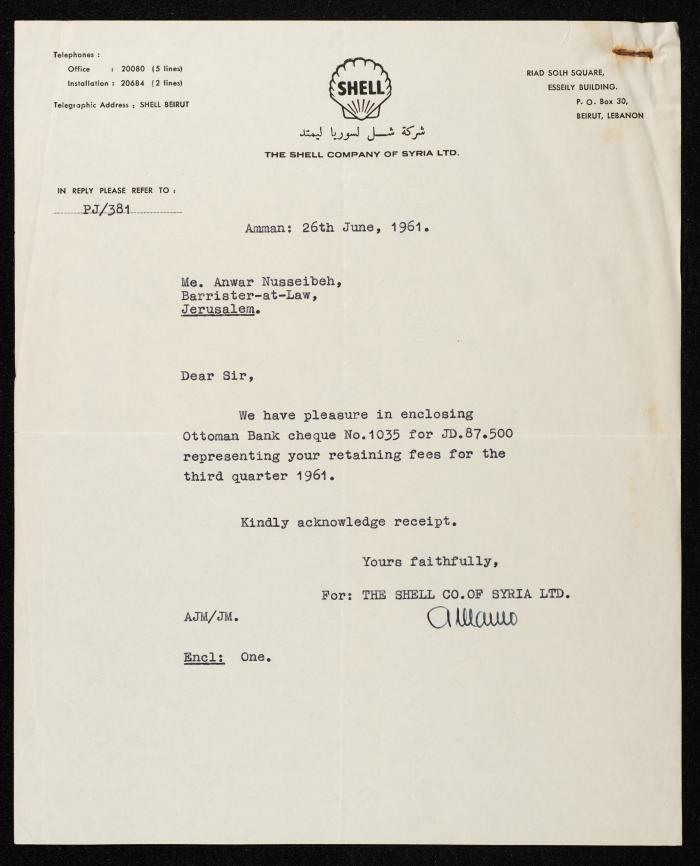 A Letter from the Shell Company of Syria Ltd. to Anwar Nusseibeh, Beirut, 26 June 1961