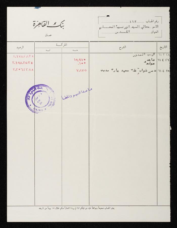 A Statement of Account and Balance Movements from Cairo Amman Bank to Anwar Nusseibeh, 1961