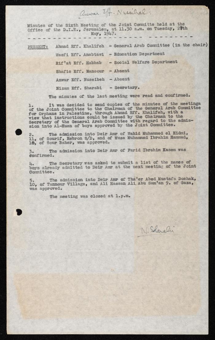 Minutes of the 6th Session of the Joint Committee, Jerusalem, 27 May 1947