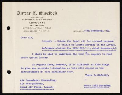 A Letter from Anwar Nusseibeh to the Headquarters of the Royal Air Force, Jerusalem, 1947