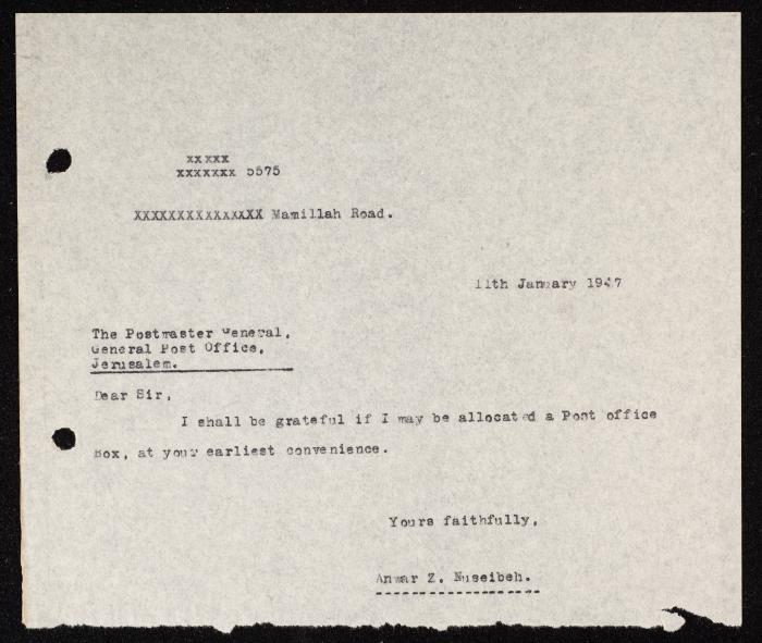A Letter from Anwar Nusseibeh to the General Post Office, Jerusalem, 11 January 1947