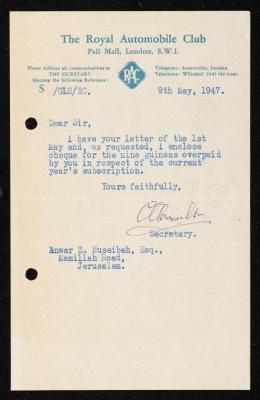 A Letter from the Secretary of the Royal Automobile Club to Anwar Nusseibeh, London, 9 May 1947