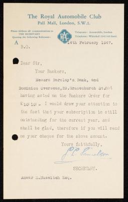 A Letter from the Secretary of the Royal Automobile Club to Anwar Nusseibeh, London, 14 February 1947