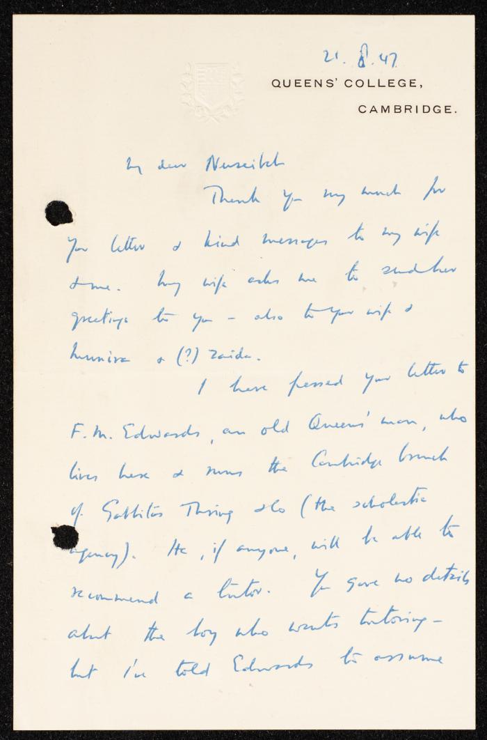 A Letter Addressed to Anwar Nusseibeh, the UK, 21 June 1946