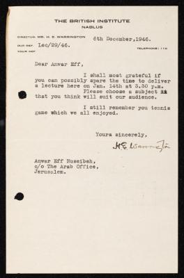 A Letter from H. E. Warrington to Anwar Nusseibeh, Nablus, 6 December 1946