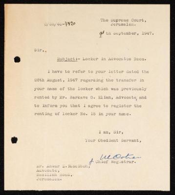 A Letter from the Chief Registrar at the Supreme Court to Anwar Nusseibeh, Jerusalem, 9 September 1947