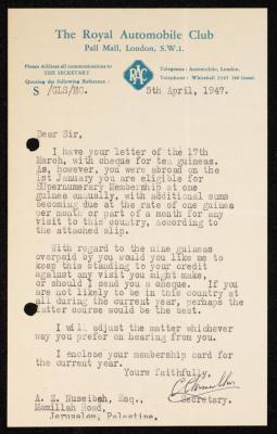 A Letter from the Secretary of the Royal Automobile Club to Anwar Nusseibeh, London, 5 April 1947