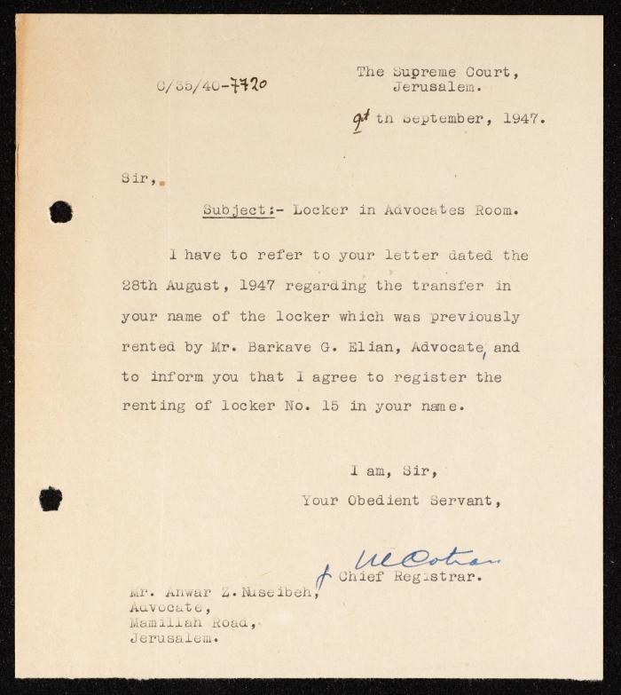 A Letter from the Chief Registrar at the Supreme Court to Anwar Nusseibeh, Jerusalem, 9 September 1947