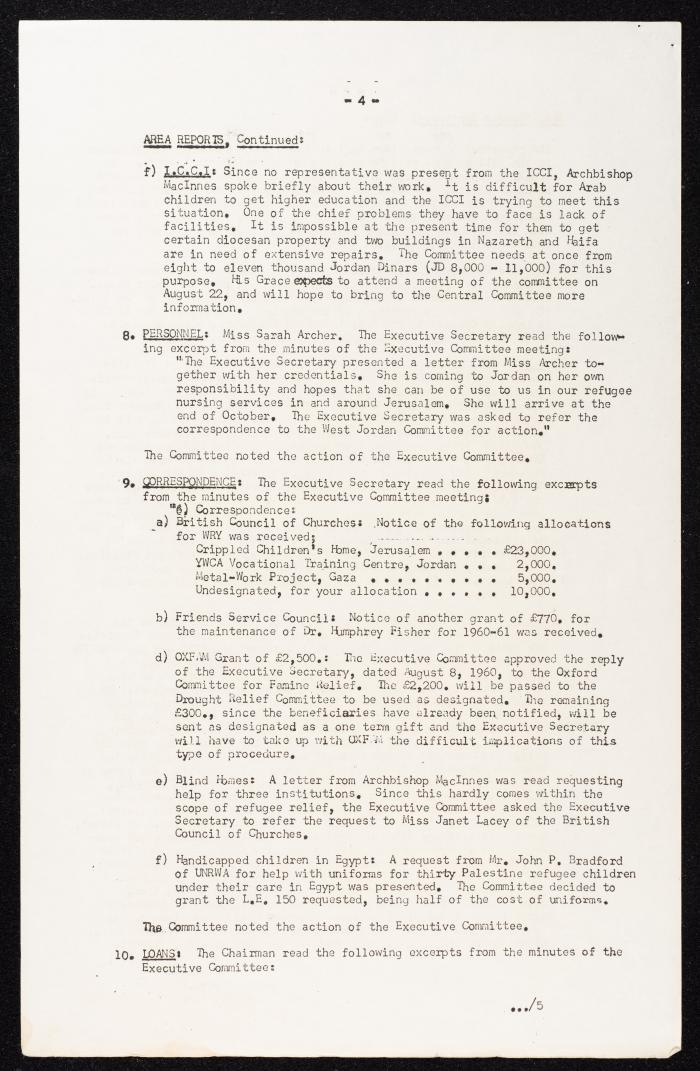 Meeting Minutes of the Committee for Refugee Work of the Near East Christian Council, Jerusalem, 10 August 1960
